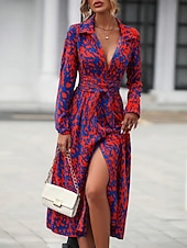 cheap Art&amp;Design Dress-Women's Midi Dress A Line Dress Summer Dress Casual Daily Regular Fit Graphic Leopard Long Sleeve Lapel Navy Fuchsia Green Spring