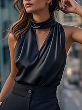 economico Bluse Eleganti-Per donna Camicia Elegant Top in raso Blusa Arricciato Semplice Elegante Senza Maniche All'americana Top Regolari Quotidiano Lavoro Ferie Nero Estate Primavera Autunno