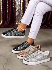 お買い得  女性の靴-ウィメンズ・マルディグラ・ゴールドグリッターのスパークリースニーカー、メタリックトーキャップ付き – カーニバル、ニューイヤーズイブ  カジュアルグラム用のブリングレースアップフラットシューズ