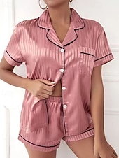 voordelige Slaaptops en -broeken voor dames-Dames Loungewear Pyjamaset Modieus Casual Zacht Heldere kleur Lapwerk Knop Korte broek Huis Vakantie Korte mouw Revers Wit Blozend Roze Groen Donkerblauw Zomer Lente Herfst Normale pasvorm