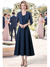 preiswerte Knöchellänge-A-Linie Knöchellänge Partykleid Cocktailkleid Kleid für Hochzeitsgäste Brautmutterkleid Langarm Quadrathals Elegant Einfach Hochzeitsgast Familientreffen Stretchstoff mit Spitze