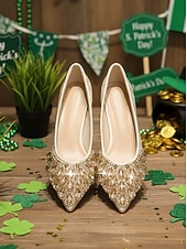 cheap St. Patrick's Day-Women's St. Patrick's Day Green Satin Low Heel Pumps, Pointed Toe Crystal Embellished Dress Shoes, Elegant Vintage-Inspired Comfort Heels for Women, Perfect for St. Paddy's Day Parties