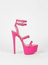 cheap Platform Sandals-Women's Hot Pink Patent Platform Stiletto Heels - Strappy Nightclub Sandals for Sexy Party Looks and Nightlife Glam