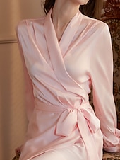 levne Dámské dupačky-Dámské Župan Na běžné nošení Měkké Satén Čistá barva Nabírané šaty Šněrování Denní Domů Postel Dlouhý rukáv Do V Černá Bílá Šampaňská Světlá růžová Fialová Léto Jaro Běžný