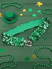 baratos Dia de São Patricio-Cinto feminino de lantejoulas, em poliéster elástico, disponível em várias cores, perfeito para o Dia de São Patrício, carnaval e uso diário.