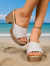cheap Slide Sandals-Women's Sparkling White Platform Sandals with Chunky Heel – Comfortable Slip-On Style for Casual Beachwear, Vacation and Warm Weather Fashion