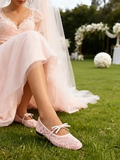 baratos noiva-Sapatilhas Mary Jane femininas em renda marfim com tira elástica, elegantes e confortáveis, perfeitas para noivas e convidadas em casamentos e eventos ao ar livre. &amp;cerimônias no gramado