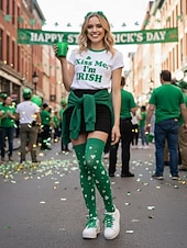 voordelige St. Patrick&amp;#39;s Day-Damessokken in St. Patrick's Day-groen, tot de knie, met klavertje vier – perfect voor feestelijke gelegenheden en de feestdagen.