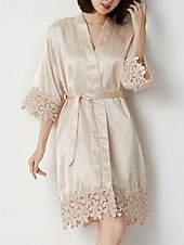 cheap Women's Onesies-Women's Robe Casual Soft Satin Pure Color Lace Daily Home Bed Half Sleeve V Neck White Champagne Pink Wine Summer Loose Fit