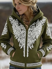 baratos Tops Viking-Mulheres Moletom com zíper Zíper Bolsos Imprimir Gráfico Geométrica Moda Ocidental Casual Manga Longa Com Capuz Tops regulares Casual Rua Dia a Dia Preto Vinho Verde Outono Inverno