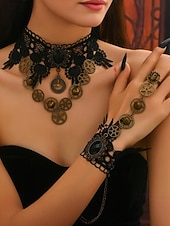 お買い得  アクセサリー-ウィメンズ マルディグラ ブラック レース スチームパンク チョーカーネックレスとブレスレットセット - ゴシックコスプレ、カーニバル、ハロウィンコスチューム用の合金ギアと時計ペンダント