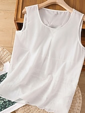 Недорогие Основные искусственные рубашки-Жен. Летние вершины Блуза Искусственный хлопок и лен Рюши Пэчворк Вышивка Сплошной цвет Элегантный стиль Дамы Стиль Без рукавов U-образный вырез Обычные топы Повседневные Офис На выход