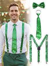 abordables Accesorios-Conjunto de tirantes y corbata de poliéster con lentejuelas para hombre, diseño de corbata con cremallera, varios colores, perfecto para el Día de San Patricio y celebraciones de carnaval.