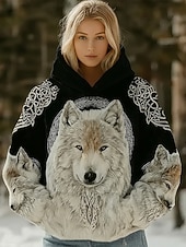 voordelige Viking Tops-Dames Trui met capuchon Sweatshirt Lapwerk Afdrukken Voorvak Grafisch dier Geometrisch Vintage Casual Boho Lange mouw Capuchon Normale tops Casual Straat Dagelijks gebruik Zwart Lente Herfst Winter