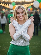 Недорогие День Святого Патрика-Женские полиэстеровые перчатки с пайетками на пальцах и рукавах, комплект из 2 пар, различные цвета, идеально подходят для Дня Святого Патрика и вечеринок, блестящие и стильные.