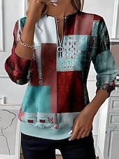  בגדי ריקוד נשים סווטשירט סוודר זיפ אפ סווטשירטים טלאים רוכסן דפוס גראפי גיאומטרי קולור בלוק אופנתי יום יומי שרוול ארוך צווארון עגול קצר חולצות רגילות רחוב לבוש ליום פול יין תלתן סתיו חורף