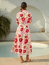 cheap Casual Dress-Abstract Floral Print Long Shirt Maxi Dress Vacation Casual