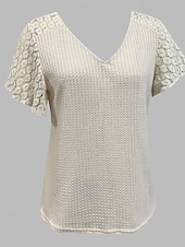 abordables T-shirt uni-Femmes Tee-shirt Gaufre T-shirt Chemisier Hauts en dentelle Dentelle Patchwork Uni Actif ancien Manche Courte Col en V Hauts Réguliers Quotidien Fête Sortir Abricot Été Printemps