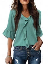 Χαμηλού Κόστους Επίσημες Μπλούζες-Γυναικεία Πουκάμισο Κομψή Σατέν Μπλούζα Μπλούζα Σουρωτά Με Βολάν Κουρελού Σκέτο Κομψό Βίντατζ Καθημερινά Μακρυμάνικο Λαιμόκοψη V Κανονικά μπλουζάκια Καθημερινά Δουλειά Αργίες