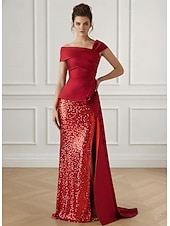 preiswerte Ballkleider-Schlauchkleid Bodenlange Schleppe Abendkleid Ballkleid mit Überrock Festliche Kleidung Elegant Promi-Stil Ärmellos Schulterfrei Gartenparty Hochzeit Stretch Satin Paillettenbesetzt mit Falten