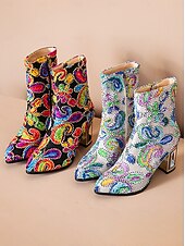 tanie Buty damskie-Kobiece botki z cekinami i haftem – Kolorowe krótkie buty barokowe w stylu karnawałowym na imprezy festiwale i bal maskowy