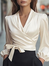 ieftine Bluze elegante-Pentru femei Cămașă Elegant Top din satin Bluză Cu Șiret Simplu Elegant Stilat Manșon Lung În V Topuri obișnuite Zilnic Muncă Concediu Negru Roșu Vin Trifoi Caisă Vară Primăvară Toamnă