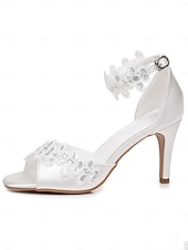 economico sposa-scarpe da sposa con tacco aperto e cinturino alla caviglia, eleganti sandali da sposa con tacco medio per la sposa, romantiche scarpe da cerimonia in pizzo floreale