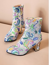 tanie Buty damskie-Kobiece botki z cekinami i haftem – Kolorowe krótkie buty barokowe w stylu karnawałowym na imprezy festiwale i bal maskowy