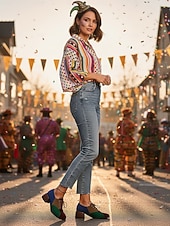 billige Damesko-Flerfargede oxfordsko med blokkhæl til dame – retro pumps med snøring i fargeblokker for karnevalskostymer, klovner og funky hverdagsklær