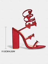 abordables Día de San Valentín-Tacones rojos con tiras en forma de corazón para mujer: tacones de bloque adornados con brillantes diamantes de imitación y tiras en forma de corazón, perfectos para el día de San Valentín, noches de