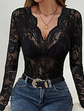 baratos Tops de Renda-Mulheres Blusa Tops de renda Renda Tecido à moda Sensual Manga Longa Decote V Tops regulares Diário Feriado Para Noite Preto Branco Vinho Azul Marinha Verde Esmeralda Outono Inverno