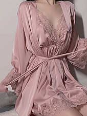abordables Combinaisons pour femmes-Femmes Robe Chemise de Nuit Ensemble Pyjama Occasionnel Doux Satin Couleur Unie Dentelle Robes Quotidien Maison Lit manche longue Bretelles Noir Blanche Rose Claire Vin Marron Été Coupe régulière