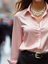 preiswerte Schicke Blusen-Damen Hemd Elegant Satin-Top Sommeroberteile Gerafft Patchwork Knöpfe Einfach Elegant Vintage Niedlich Langarm Hemdkragen Normale Oberteile Täglich Arbeit Ferien Rosa Sommer Frühling