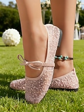 baratos noiva-Sapatilhas Mary Jane femininas em renda marfim com tira elástica, elegantes e confortáveis, perfeitas para noivas e convidadas em casamentos e eventos ao ar livre. &amp;cerimônias no gramado