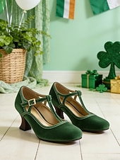 abordables Día de San Patricio-Zapatos de tacón con tira en T de terciopelo verde para mujer: calzado de inspiración vintage para festividades del Día de San Patricio, fiestas y celebraciones.
