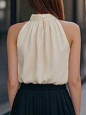 abordables Blusas Elegantes-Camiseta de mujer, blusa de color liso, elegante, a la moda, sin mangas, cuello alto, tops regulares, para uso diario, salidas, fin de semana, patchwork, verano, primavera