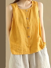 olcso Luxus ingek-Női Pamut vászon mellény Fodrozott Gombok Tömör szín Stílusos Alap Alkalmi Ujjatlan Szögletes Normál felsők Napi Medence Sárga Barna Nyár Tavasz