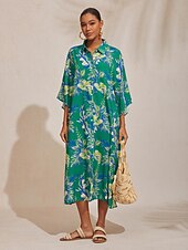 halpa Mekot-lehtikuvioinen paita lyhythihainen midi-mekko