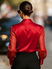 abordables Blusas Elegantes-Mujer Camisa Elegant Top de satén Blusa Frunce Encaje Retazos Color sólido Plano Elegante Vintage Diario Manga Larga Cuello Camisero Tops regulares Diario Trabajo Festivos Negro Blanco Rojo Azul Real