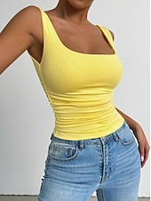 baratos Plain Tank-Women's Camisole Tank Top Solid Color Stylish Casual Sleeveless Square Neck Regular Tops Daily White Yellow Wine Red Royal Blue Summer