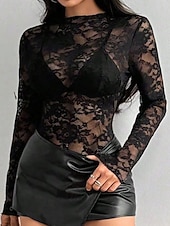 economico Top in Pizzo-Per donna Blusa Top in pizzo Pizzo Patchwork Semplice Elegante Sexy Manica Lunga Girocollo Top Regolari Quotidiano Ferie Uscire Nero Primavera Autunno