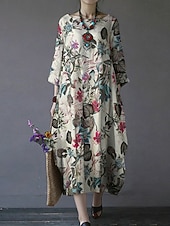 abordables Robes-Femmes Robe maxi Coton mélangé Robe fourreau Robe Décontractée Basique Occasionnel Quotidien Vacances Coupe régulière Fleuri manche longue Col ras du cou Magenta bleu marine Orange Été