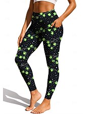 cheap Yoga Leggings &amp; Tights-St. Patrick Women's pilates leggings fitness pants Gym Leggings Pockets Stamp Duty Side Pockets Pilates Gym Gym Workout Tights Leggings Bottoms Trees / Leaves Clover Green and Black Dark Green Sports