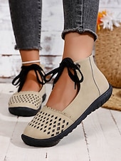 cheap Women's Flats-Women's Beige Perforated Lace-Up Comfort Shoes, Breathable Design, Flexible Non-Slip Sole for Walking, Travel and Everyday Casual Use