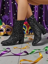 お買い得  女性の靴-ウィメンズ マルディグラ ピンク グリッター 膝丈ブーツ ブロックヒール付き - きらめく、大胆なファッションステートメント、カーニバル、フェスティバル、コスチュームパーティーに最適