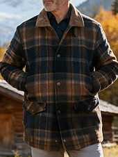 abordables Chaquetas Informales-Hombre Abrigo de invierno Chaqueta de lana Chaqueta casual Casual Diario Mantiene abrigado Bolsillo Otoño Invierno Plaid Ropa de calle Diario Cuello Vuelto Regular Marrón Chaquetas