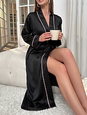 Χαμηλού Κόστους Γυναικείες ρόμπες-Γυναικεία Ρόμπα Καθημερινό Μαλακή Σατέν Μονόχρωμες Με Κορδόνια Καθημερινά Σπίτι Κρεβάτι Μακρυμάνικο Λαιμόκοψη V Μαύρο Ανθισμένο Ροζ Ρουμπίνι Χακί Καλοκαίρι Κανονικό