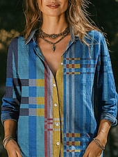 Χαμηλού Κόστους Λουλουδάτες μπλούζες-Γυναικεία Πουκάμισο Μπλούζα Κουρελού Κουμπιά Στάμπα Ombre Γραφική Γεωμετρικό Βίντατζ Καθημερινό Μακρυμάνικο Κολάρο Πουκαμίσου Κανονικά μπλουζάκια Καθημερινά Θαλασσί Πορτοκαλί