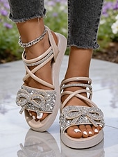 voordelige Vrouwen-Zwarte platte sandalen met enkelbandje en strasssteentjes voor dames - sprankelende, met juwelen versierde sandalen met open neus, stijlvolle en comfortabele sandalen voor elke dag.