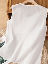 Недорогие Основные искусственные рубашки-Жен. Летние вершины Блуза Искусственный хлопок и лен Рюши Пэчворк Вышивка Сплошной цвет Элегантный стиль Дамы Стиль Без рукавов U-образный вырез Обычные топы Повседневные Офис На выход